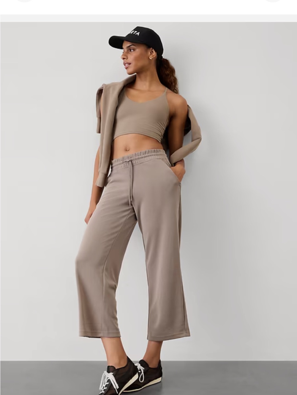 Athleta Seaside Mid rise Cropped Wide-Leg Drawstring Pants Taupe dark cream L